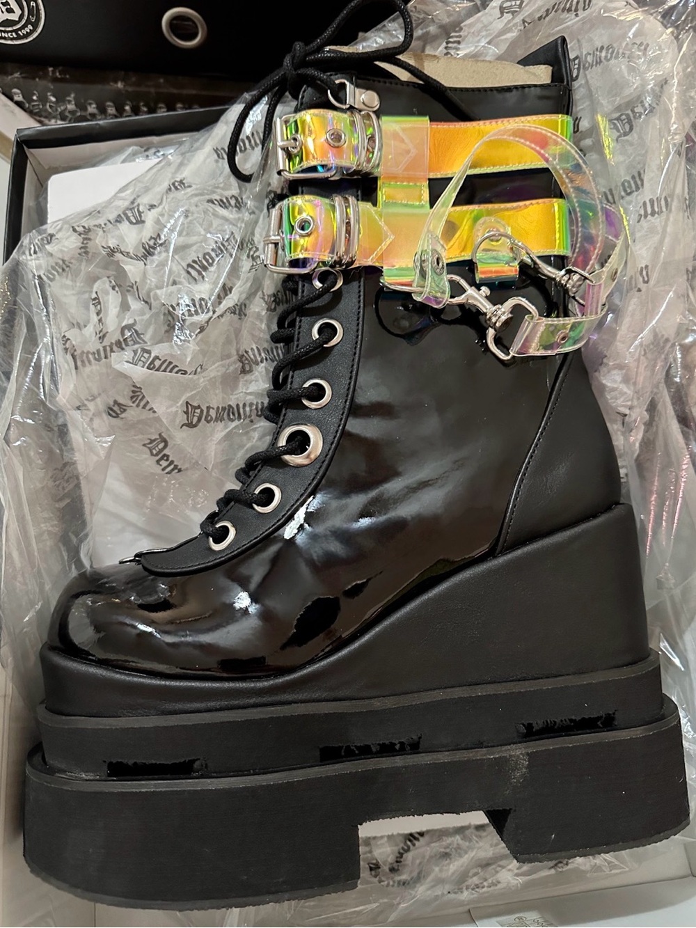 Demonia Black Patent Platform Lace-Up Boots with Holographic Straps Magic Mirror - Picture 2 of 9